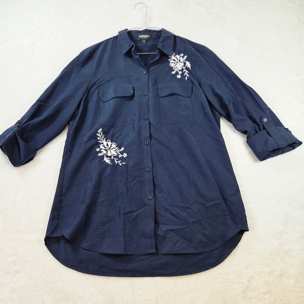 Express The City Shirt Womens Sm Navy Blue Floral Embroidered Button Up Blouse